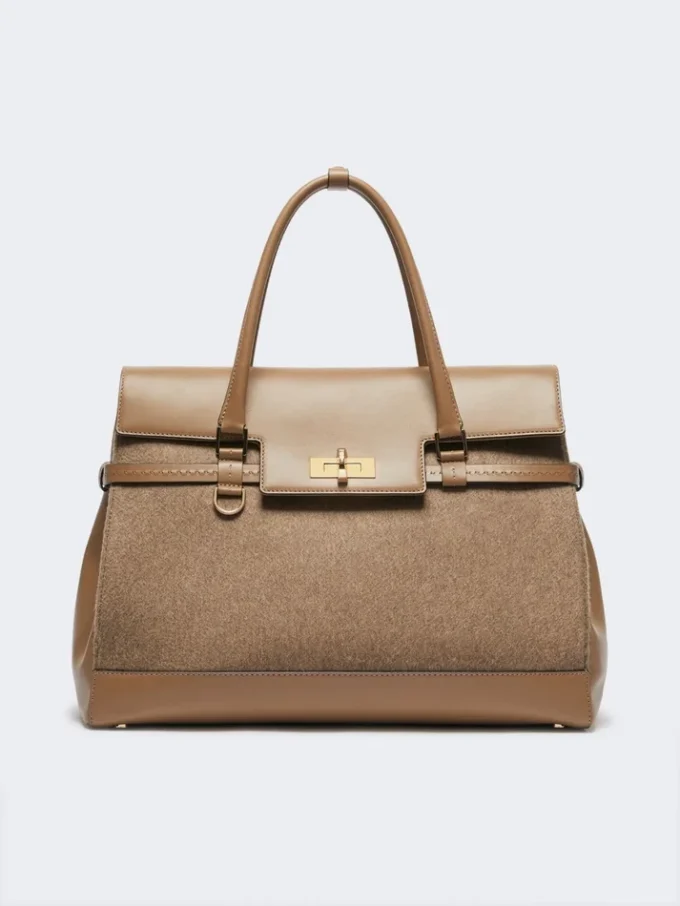 大型カシミア＆レザーハンドバッグ、ブラウン