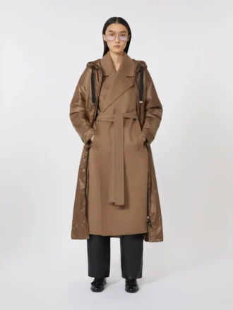 ロング 撥水キャンバス パッド入りパーカー、タバコ色 ロング 撥水キャンバス パッド入りパーカー、タバコ色
