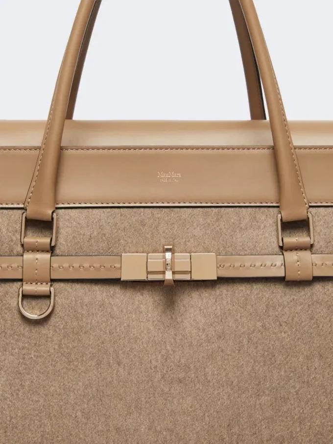 大型カシミア＆レザーハンドバッグ、ブラウン