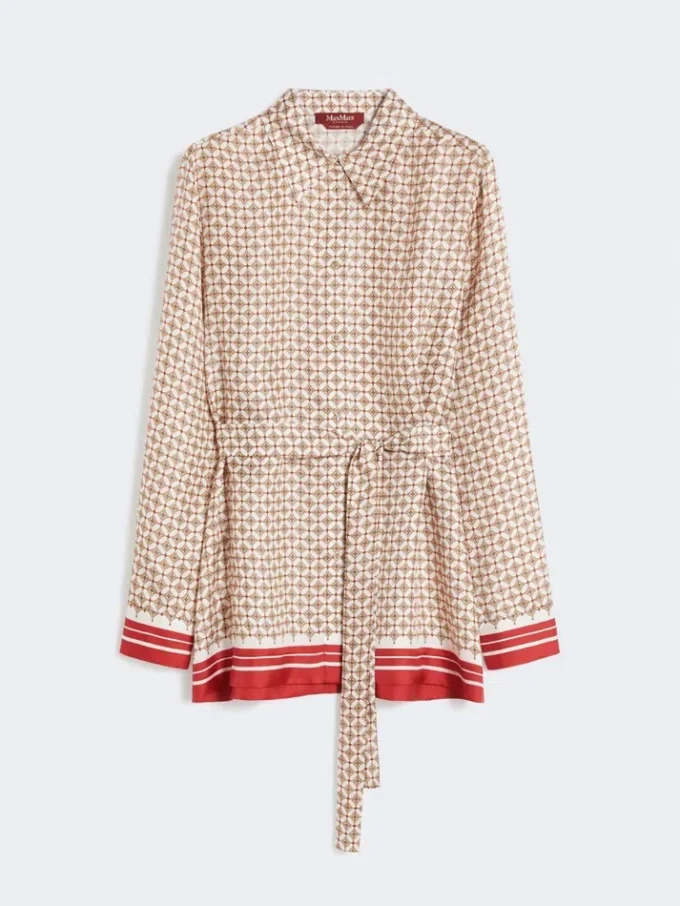 プリントシルクシャツ、レッド プリントシルクシャツ、レッド