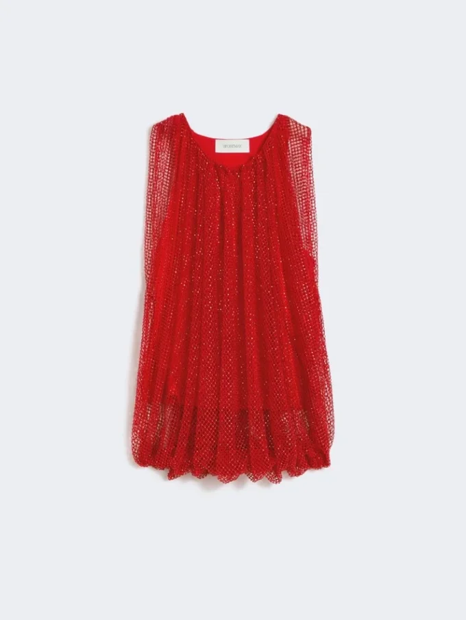 クリスタルをあしらったメッシュトップ、レッド クリスタルをあしらったメッシュトップ、レッド