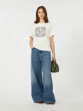 プリントと刺繍をあしらったコットンTシャツ、ホワイト
