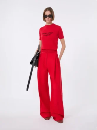 ウール＆カシミア混紡ニットTシャツ、レッド