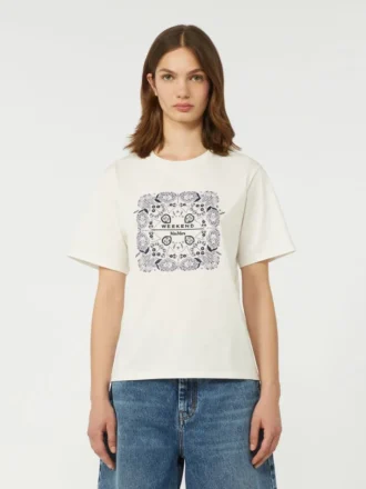 プリントと刺繍をあしらったコットンTシャツ、ホワイト