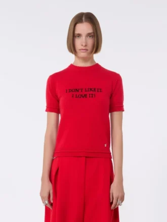 ウール＆カシミア混紡ニットTシャツ、レッド