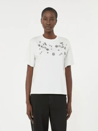 プリントと刺繍をあしらったジャージーTシャツ、ホワイト