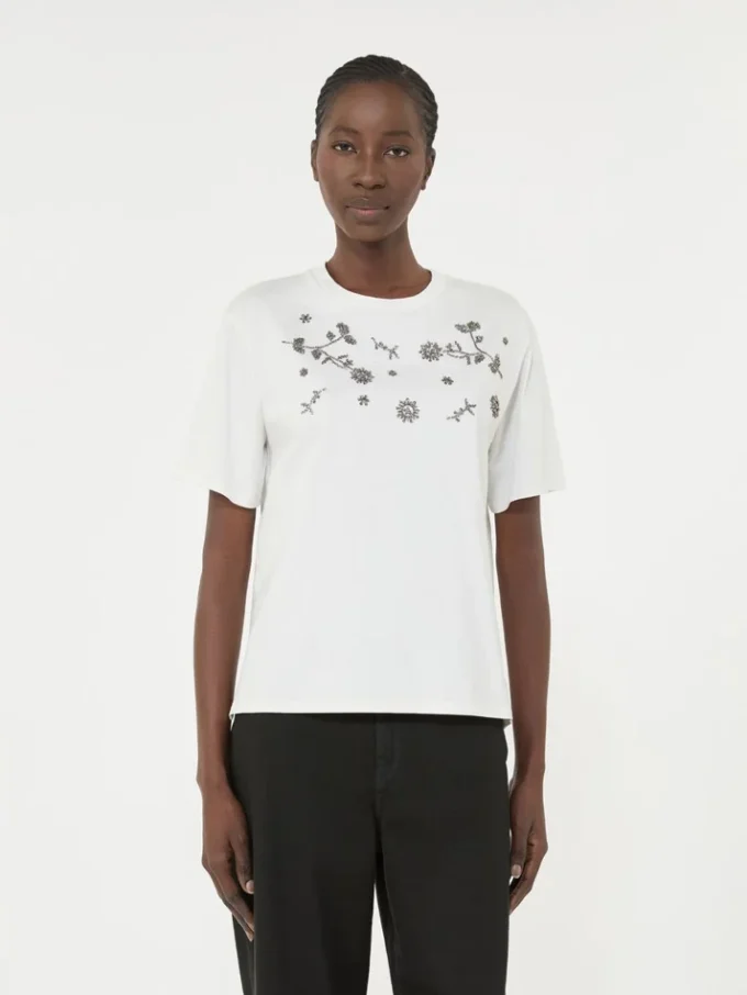 プリントと刺繍をあしらったジャージーTシャツ、ホワイト プリントと刺繍をあしらったジャージーTシャツ、ホワイト