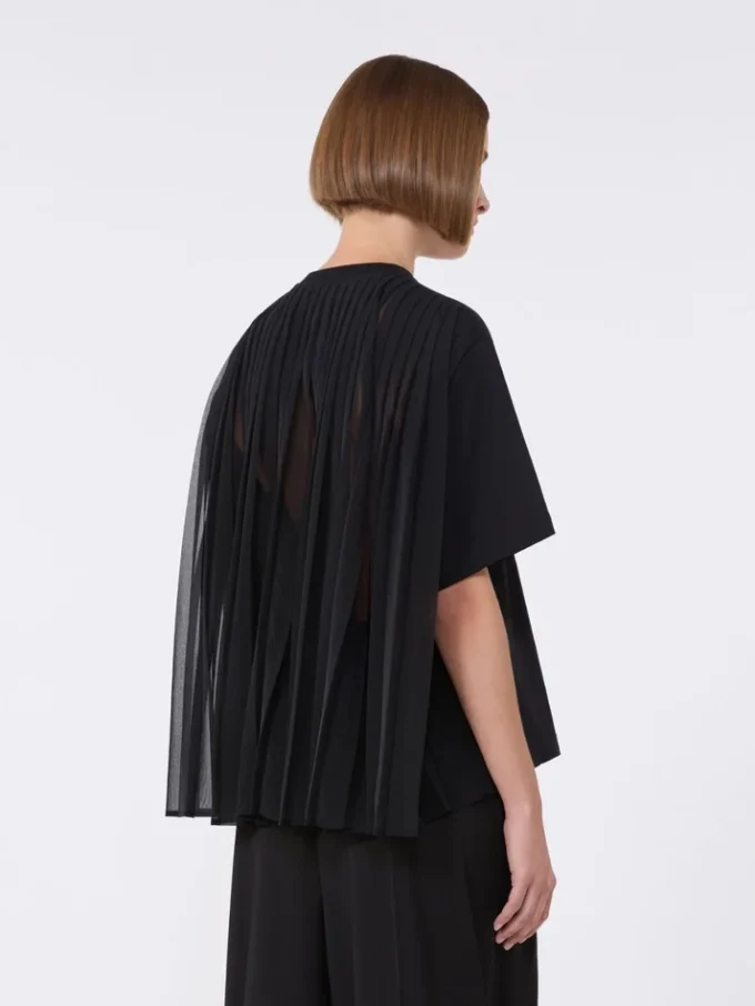 背面にプリーツを施したコットンTシャツ、ブラック 背面にプリーツを施したコットンTシャツ、ブラック