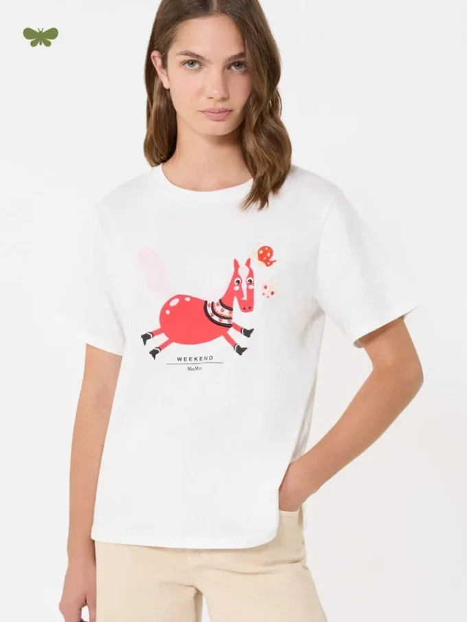 プリントと刺繍をあしらったコットンTシャツ、ホワイト プリントと刺繍をあしらったコットンTシャツ、ホワイト