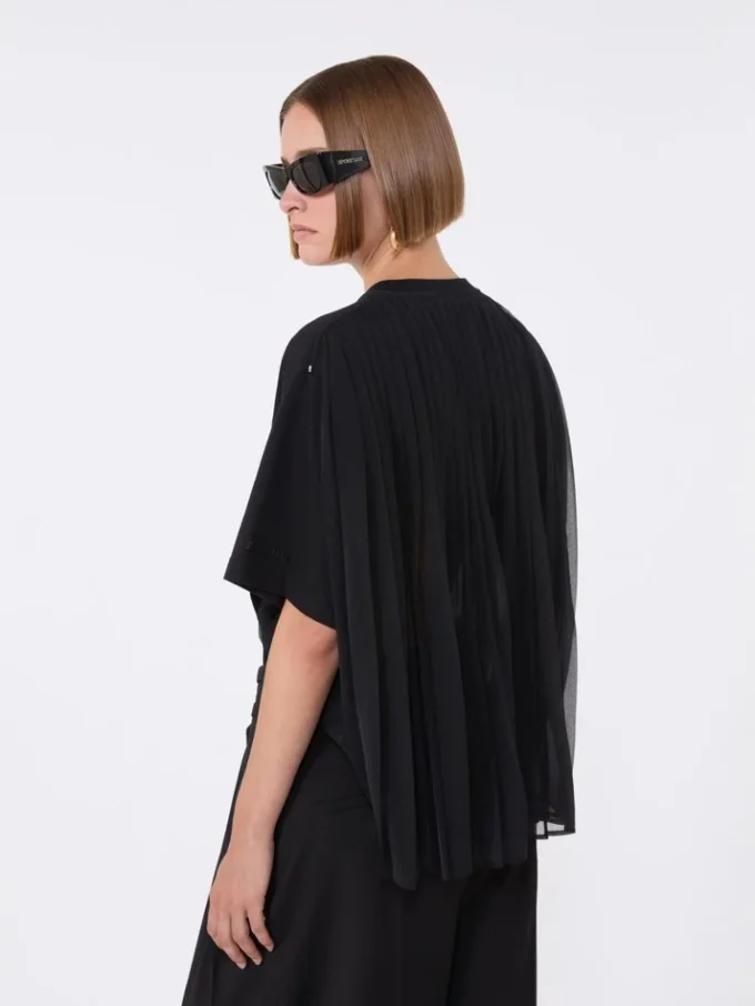 背面にプリーツを施したコットンTシャツ、ブラック 背面にプリーツを施したコットンTシャツ、ブラック