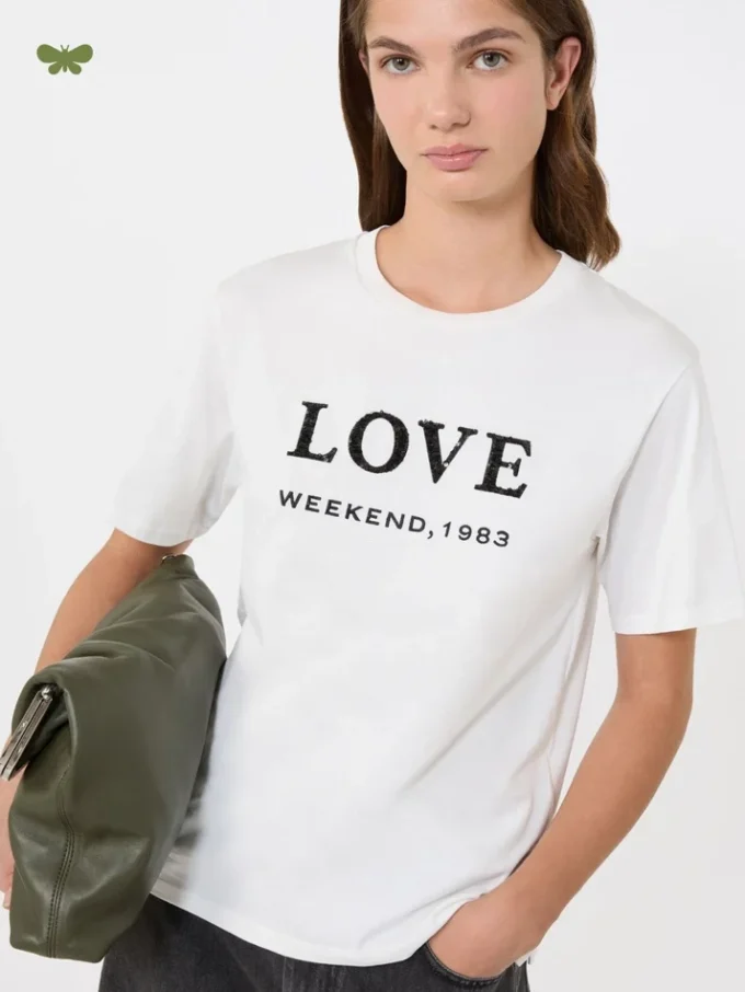 プリントと刺繍をあしらったジャージーTシャツ、ホワイト プリントと刺繍をあしらったジャージーTシャツ、ホワイト