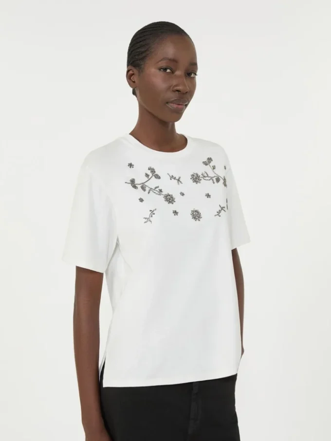 プリントと刺繍をあしらったジャージーTシャツ、ホワイト プリントと刺繍をあしらったジャージーTシャツ、ホワイト