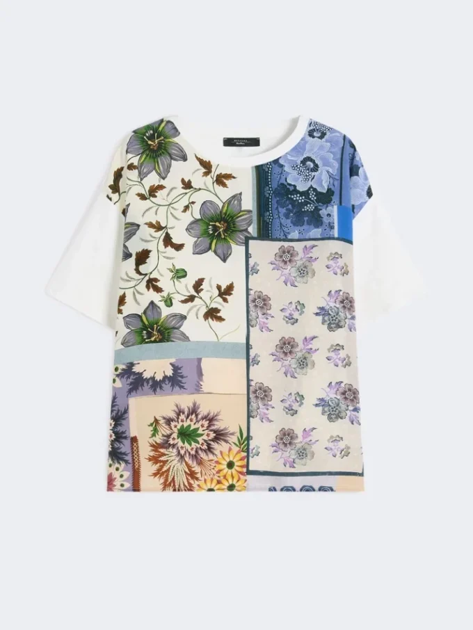 プリントシルクとストレッチコットンジャージー素材のTシャツ、マルチカラー プリントシルクとストレッチコットンジャージー素材のTシャツ、マルチカラー