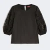 ラミーガーゼとブロデリー・アンジェレーズをあしらったTシャツ、ブラック ラミーガーゼとブロデリー・アンジェレーズをあしらったTシャツ、ブラック