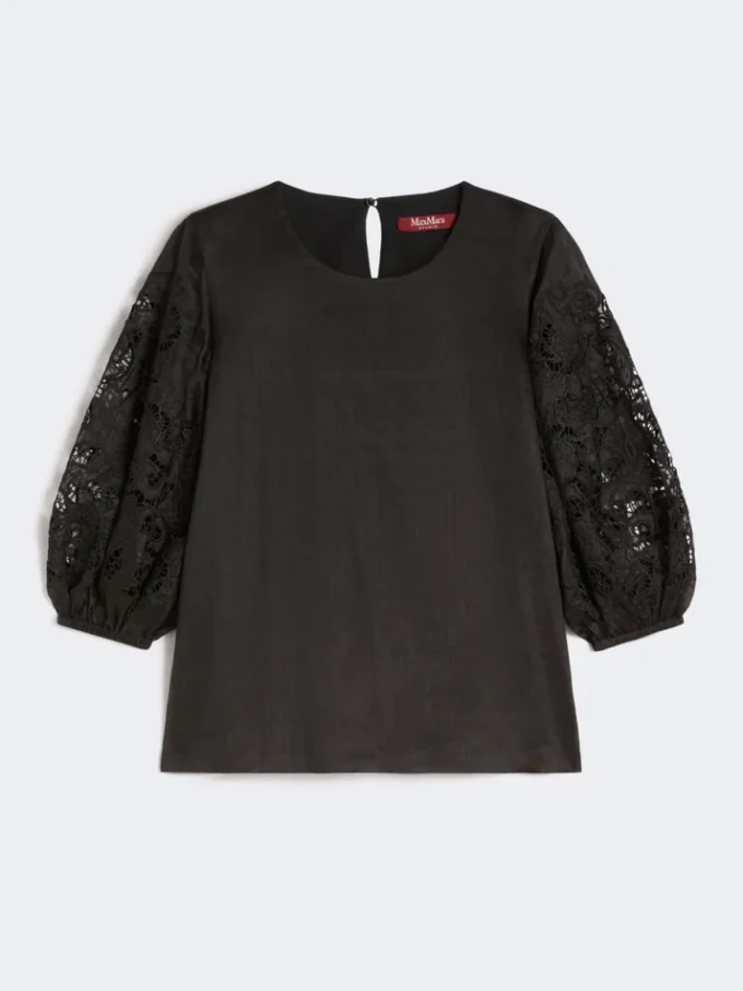 ラミーガーゼとブロデリー・アンジェレーズをあしらったTシャツ、ブラック ラミーガーゼとブロデリー・アンジェレーズをあしらったTシャツ、ブラック