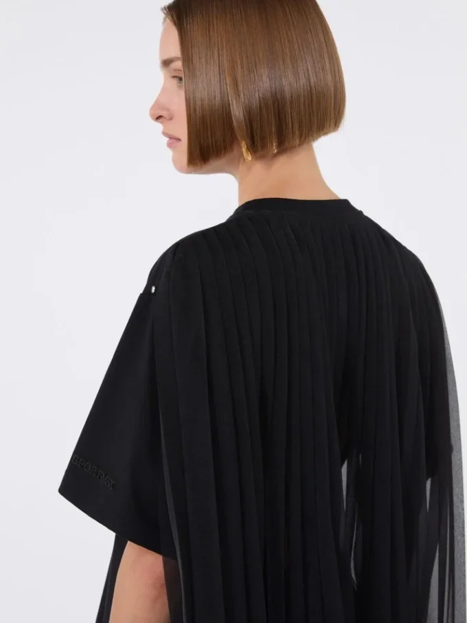 背面にプリーツを施したコットンTシャツ、ブラック 背面にプリーツを施したコットンTシャツ、ブラック