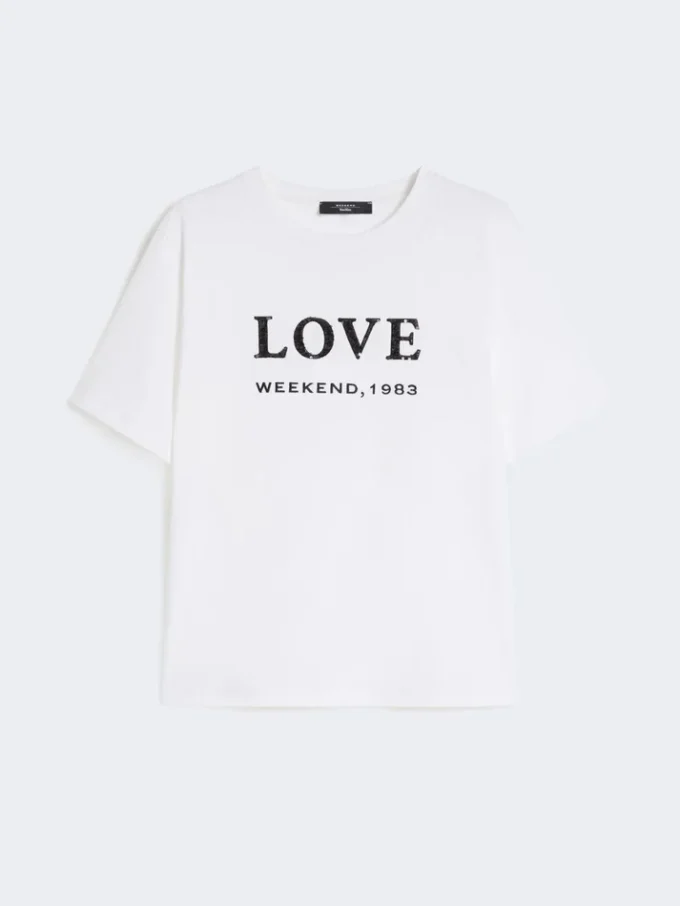 プリントと刺繍をあしらったジャージーTシャツ、ホワイト プリントと刺繍をあしらったジャージーTシャツ、ホワイト