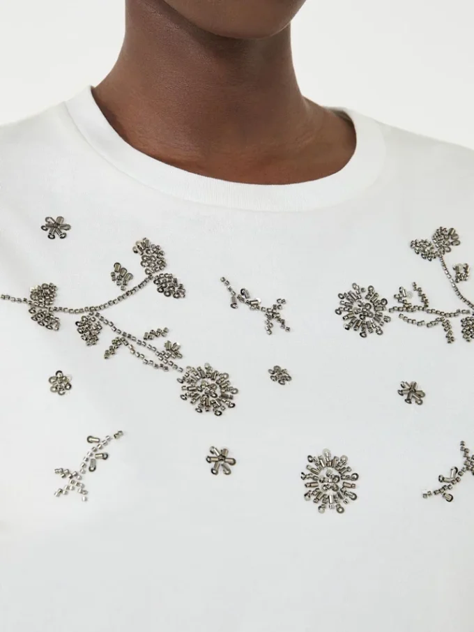 プリントと刺繍をあしらったジャージーTシャツ、ホワイト プリントと刺繍をあしらったジャージーTシャツ、ホワイト