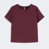 サテンとジャージー素材のTシャツ、ボルドー サテンとジャージー素材のTシャツ、ボルドー
