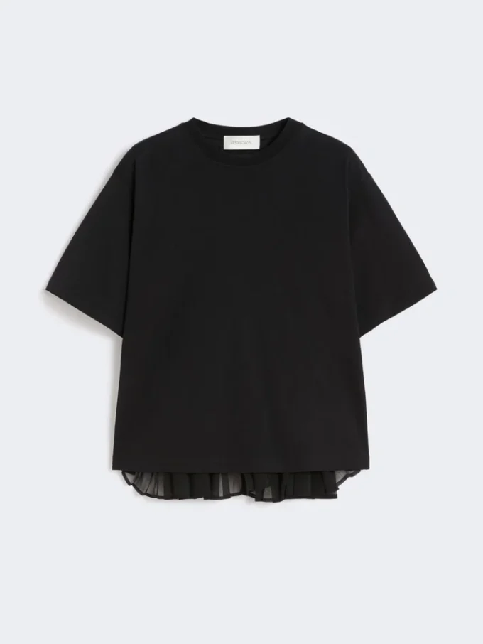 背面にプリーツを施したコットンTシャツ、ブラック 背面にプリーツを施したコットンTシャツ、ブラック