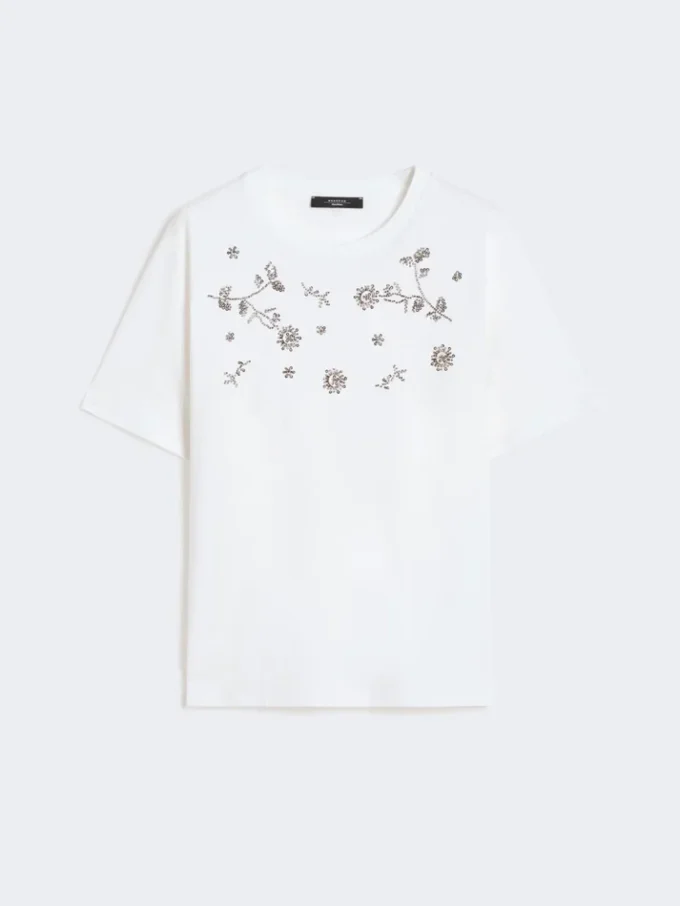 プリントと刺繍をあしらったジャージーTシャツ、ホワイト プリントと刺繍をあしらったジャージーTシャツ、ホワイト