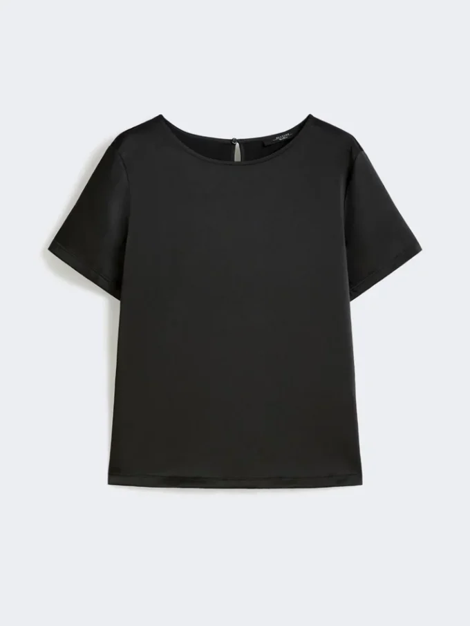サテン&ジャージー素材のTシャツ、ブラック サテン&ジャージー素材のTシャツ、ブラック
